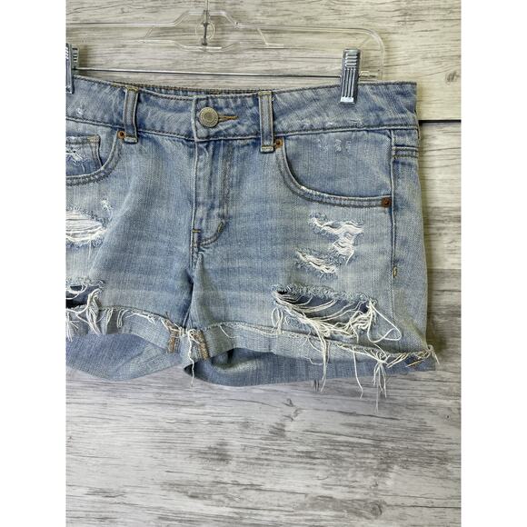 American Eagle Shorts Womens 6 Blue Distressed Denim High Rise Ripped Cutoff - Picture 2 of 11